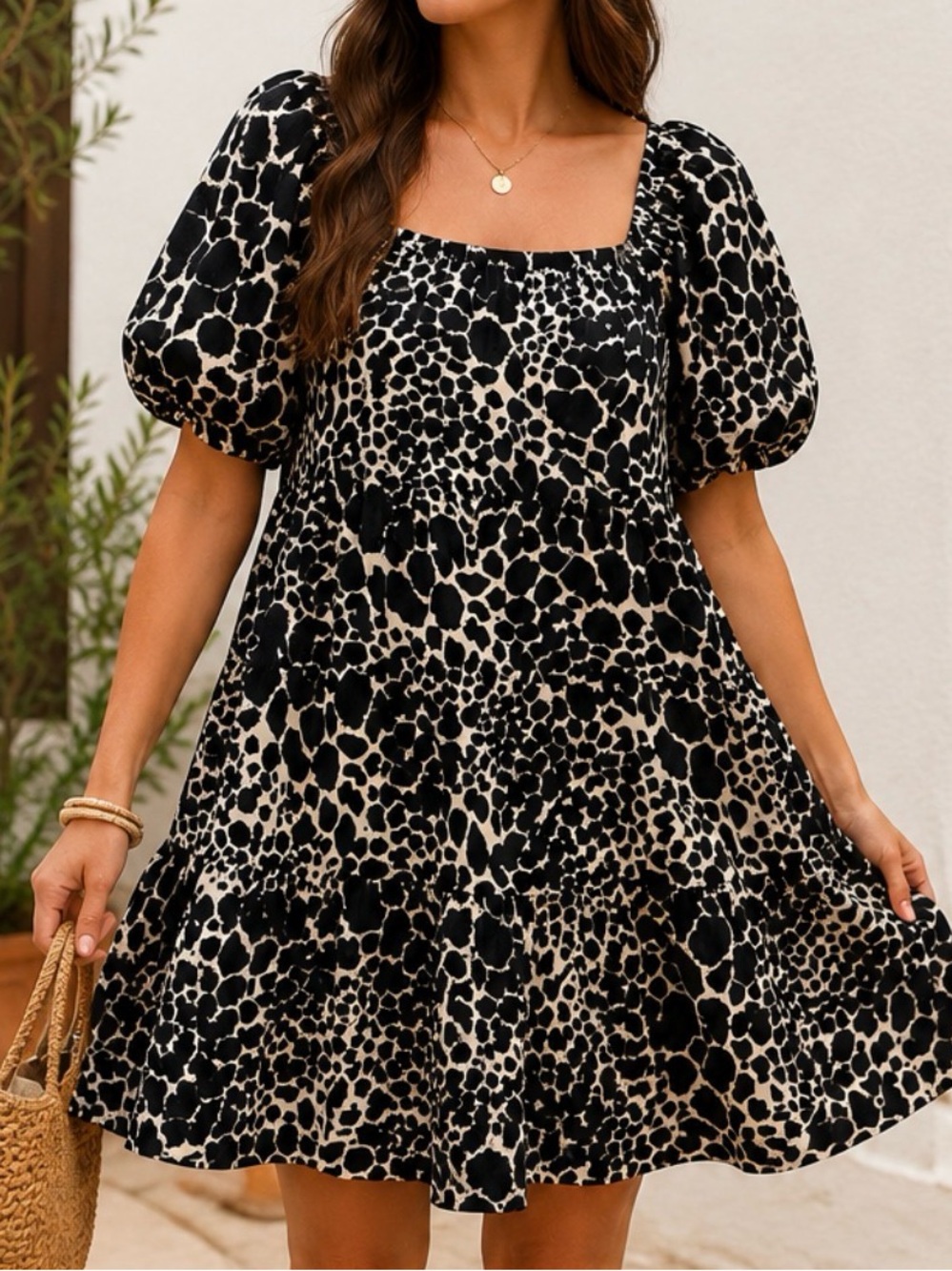 Who What Wear Animal Print Babydoll Dress Medium Puff Sleeve Black Ivory
